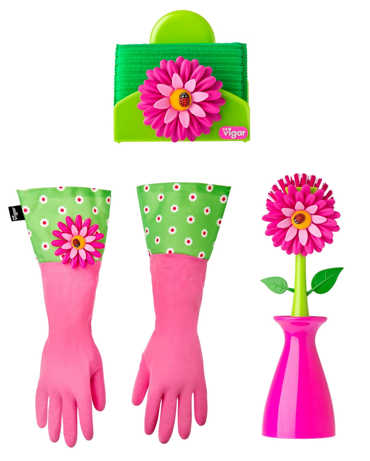 Vigar Flower Power Set (Gloves, Pink Dish Brush With Vase, Sponge Holder)