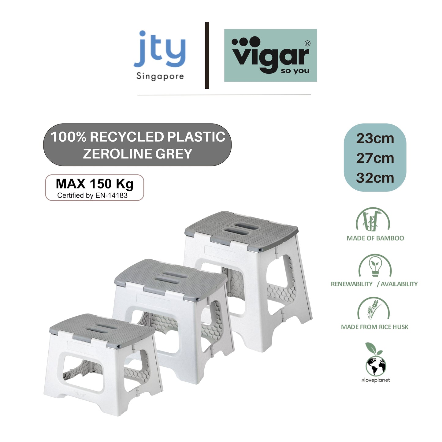 Vigar Compact Foldable Stool 100% Recycled Plastic Zeroline Grey