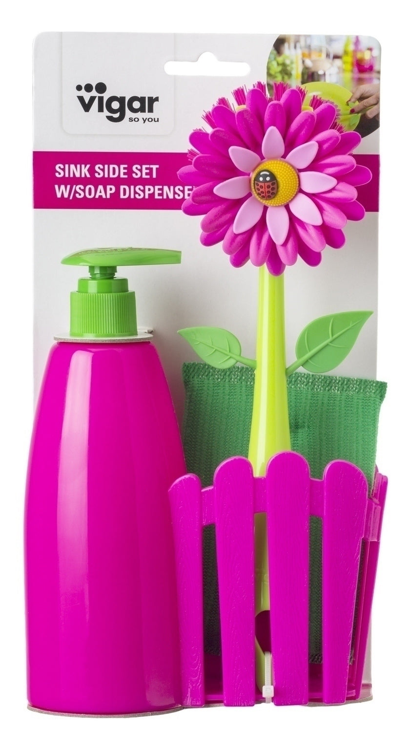 Vigar Flower Power 3pc Sink Caddy Set + Dispenser (Pink or Orange Colour)