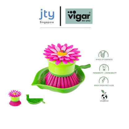 Vigar Flower Power Palm Dish Brush With Holder (Pink or Orange Colour)