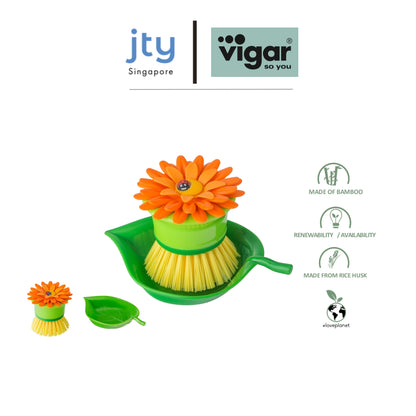Vigar Flower Power Palm Dish Brush With Holder (Pink or Orange Colour)