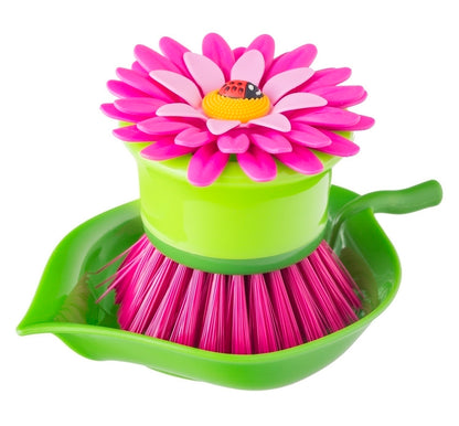 Vigar Flower Power Palm Dish Brush With Holder (Pink or Orange Colour)