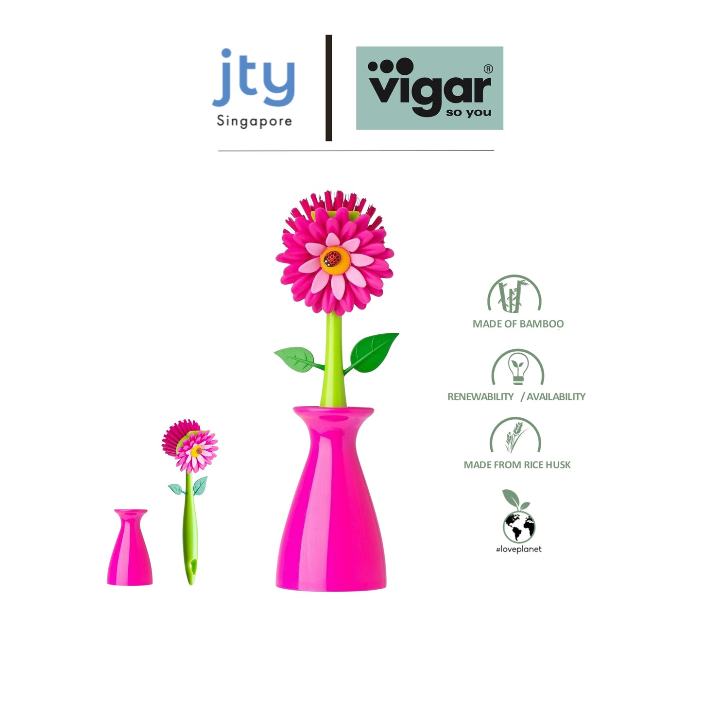 Vigar Flower Power Dish Brush With Vase (Pink or Orange Colour)