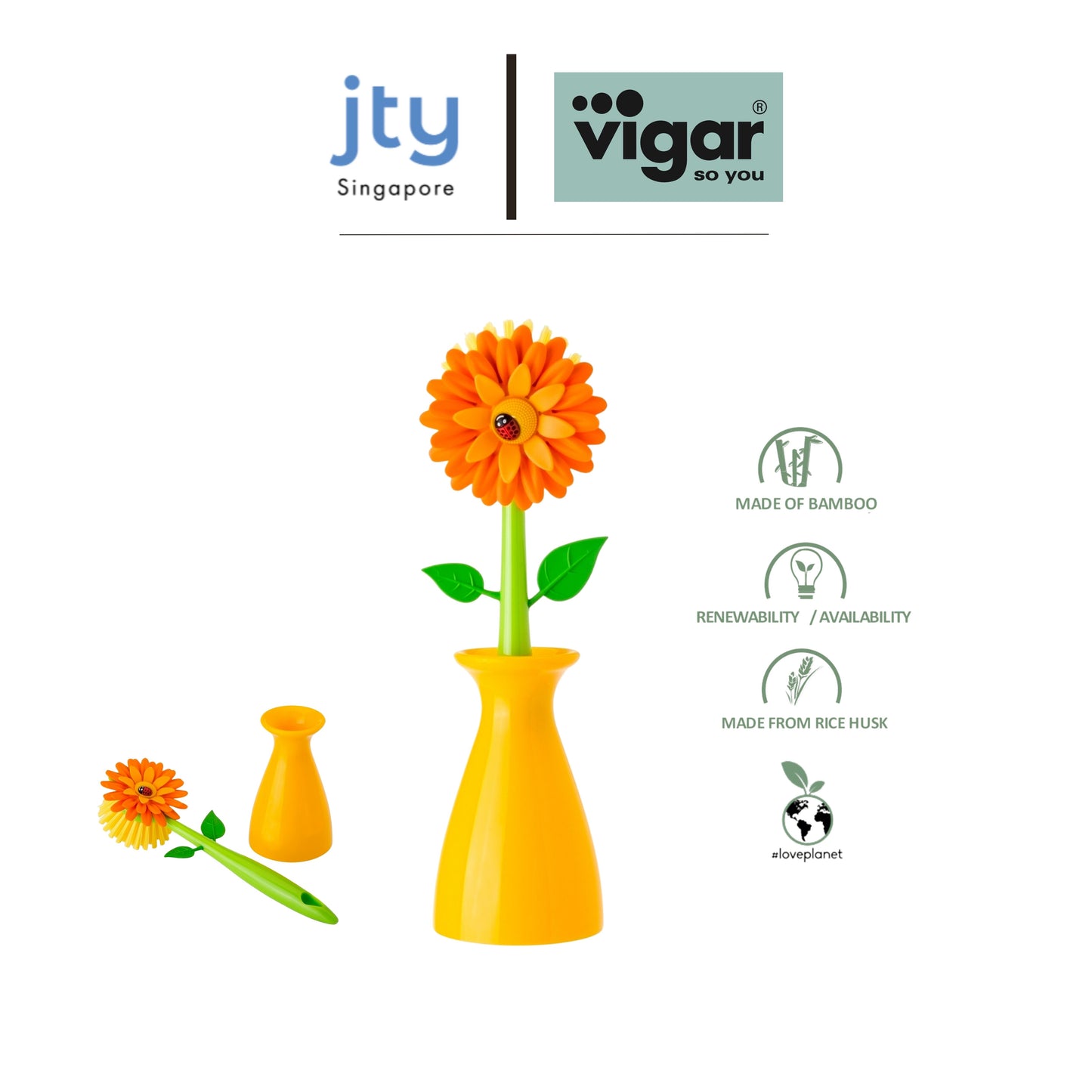 Vigar Flower Power Dish Brush With Vase (Pink or Orange Colour)