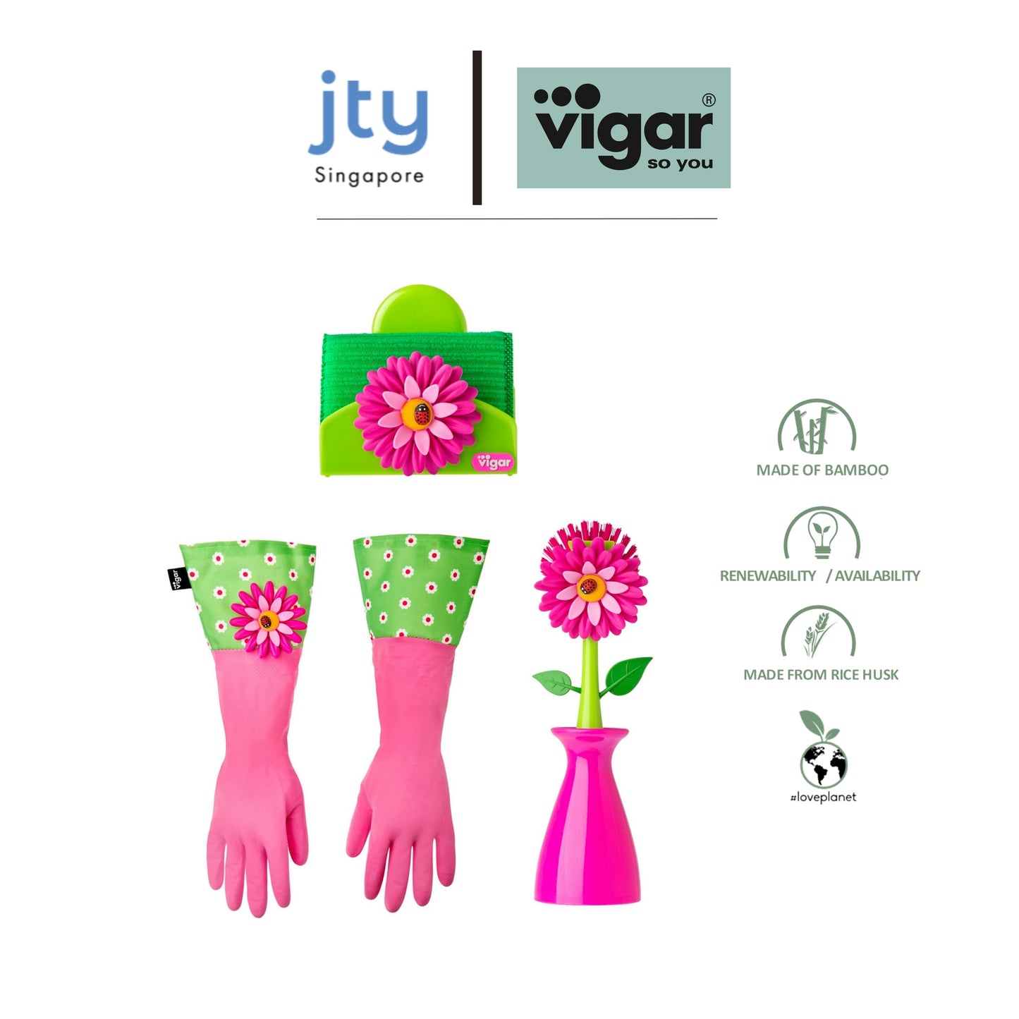 Vigar Flower Power Set (Gloves, Pink Dish Brush With Vase, Sponge Holder)