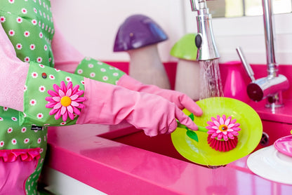 Vigar Flower Power Set (Gloves, Pink Dish Brush With Vase, Sponge Holder)