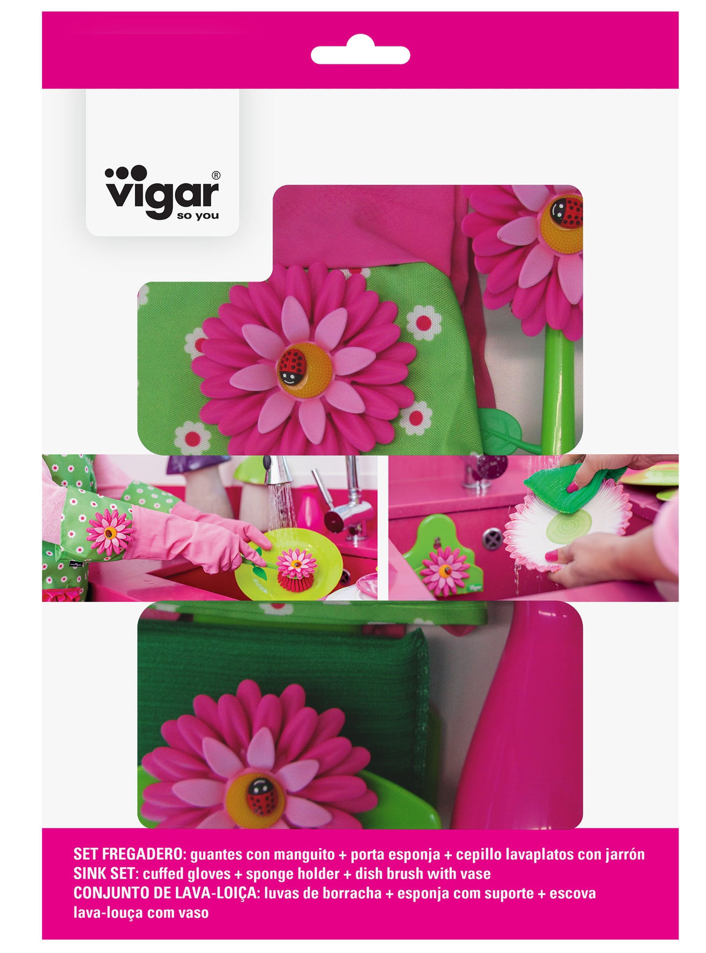 Vigar Flower Power Set (Gloves, Pink Dish Brush With Vase, Sponge Holder)