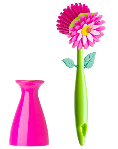 Vigar Flower Power Set (Gloves, Pink Dish Brush With Vase, Sponge Holder)